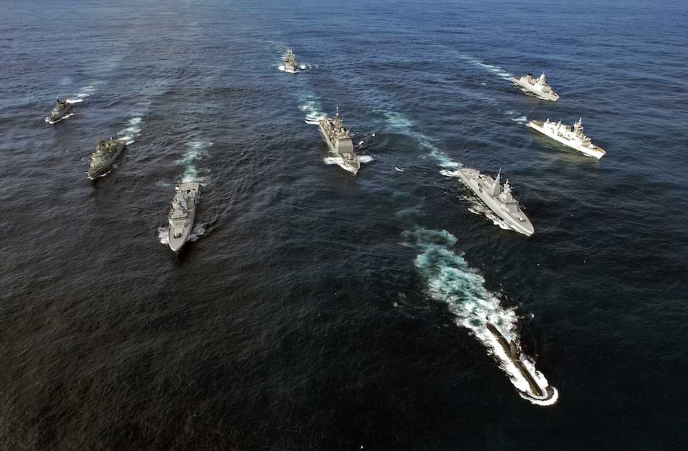 Pictured left to right: HDMS OLFERT FISCHER (Denmark), NRP ALVARES CABRAL (Portugal), SAS AMATOLA (South Africa), USS NORMANDY (USA), SAS ISANDLWANA (South Africa), HMCS TORONTO (Canada), and HNLMS EVERTSEN (The Netherlands). Front: SAS MANTHATISI (South Africa). Rear: FGS SPESSART (Germany). The ships that make up Standing NATO (North Atlanta Treaty Organization) Maritime Group (SNMG) 1 transit in formation while participating in exercise "amazolo" with the South African navy. SNMG1 is on a historic NATO deployment circumnavigating Africa for the first time and traveling more than 12,500 miles with six ships from six different nations. During the deployment, SNMG1 is scheduled to conduct presence operations in the Gulf of Guinea, Horn of Africa, and Red Sea. 