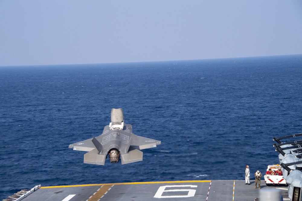 EAST CHINA SEA (April 10, 2020) An F-35B Lightning II assigned to the 31st Marine Expeditionary Unit (MEU), Marine Medium Tiltrotor Squadron (VMM) 265 (Reinforced) takes off from the flight deck of amphibious assault ship USS America (LHA 6). America, flagship of the America Expeditionary Strike Group, 31st Marine Expeditionary Unit team, is operating in the U.S. 7th Fleet area of operations to enhance interoperability with allies and partners and serve as a ready response force to defend peace and stability in the Indo-Pacific region. U.S. Navy photo by Mass Communication Specialist Seaman Apprentice Theodore C. Lee